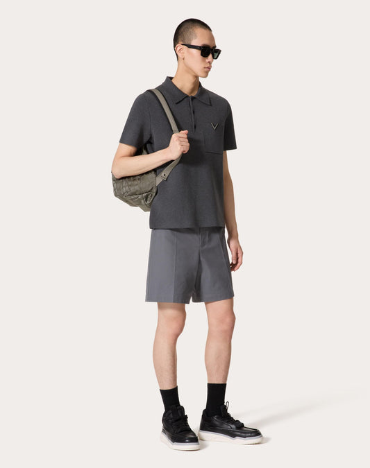 Stretch Cotton Canvas Shorts With Rubberized V-detail
