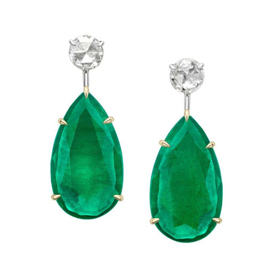 Colours of Love Yellow and White Gold Pear Shaped Emerald and Diamond  Drop Earrings