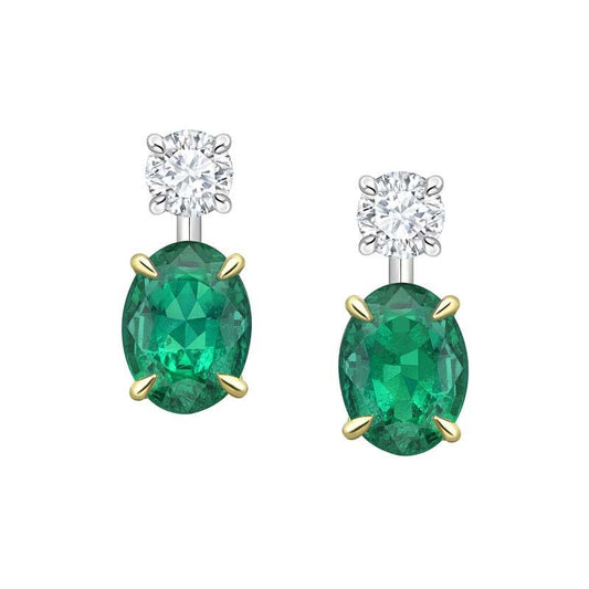 Colours of Love Yellow and White Gold Oval Emerald and Round Cut  Brilliant Diamond Earrings