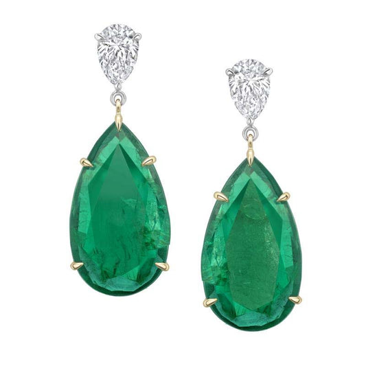 Colours of Love White Gold Pear Shaped Emerald and Diamond Drop  Earrings