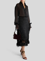Jacquard Midi Skirt With Ostrich Feathers And Paisley Motif