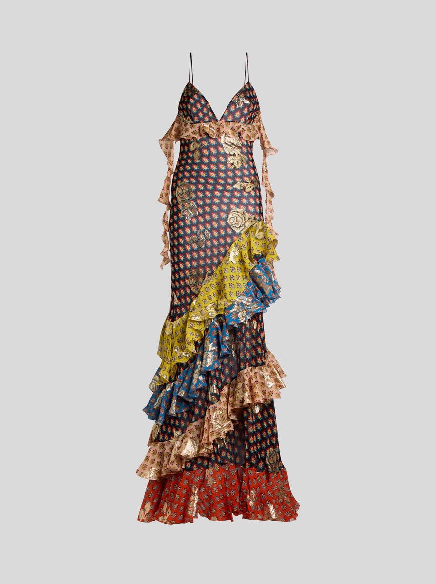 Long Silk Dress With Fil Coupé Roses And Tie-inspired Motif