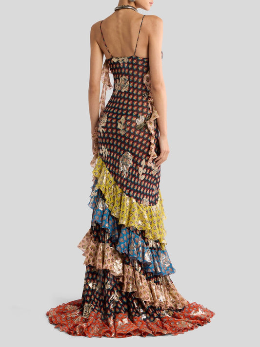 Long Silk Dress With Fil Coupé Roses And Tie-inspired Motif