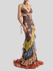 Long Silk Dress With Fil Coupé Roses And Tie-inspired Motif