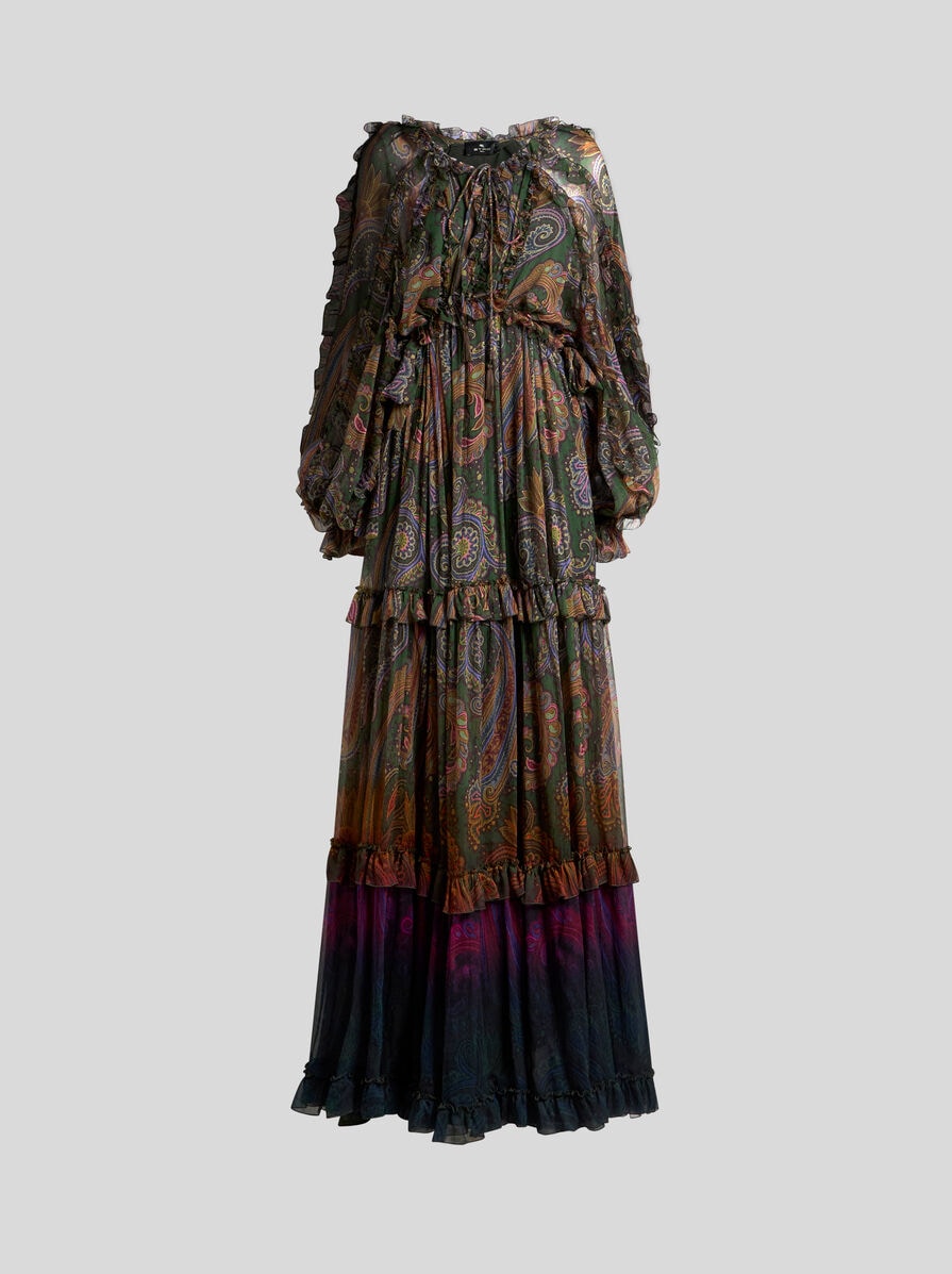 Long Silk Dress With Ruffles And Placed Degradé Paisley Print
