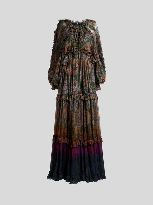 Long Silk Dress With Ruffles And Placed Degradé Paisley Print