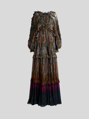 Long Silk Dress With Ruffles And Placed Degradé Paisley Print