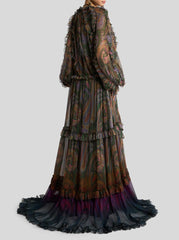 Long Silk Dress With Ruffles And Placed Degradé Paisley Print