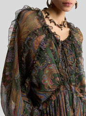 Long Silk Dress With Ruffles And Placed Degradé Paisley Print