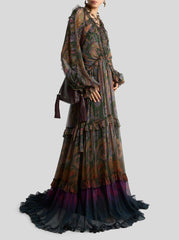 Long Silk Dress With Ruffles And Placed Degradé Paisley Print