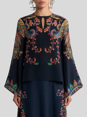 Silk Blouse With Placed Floral Paisley Print