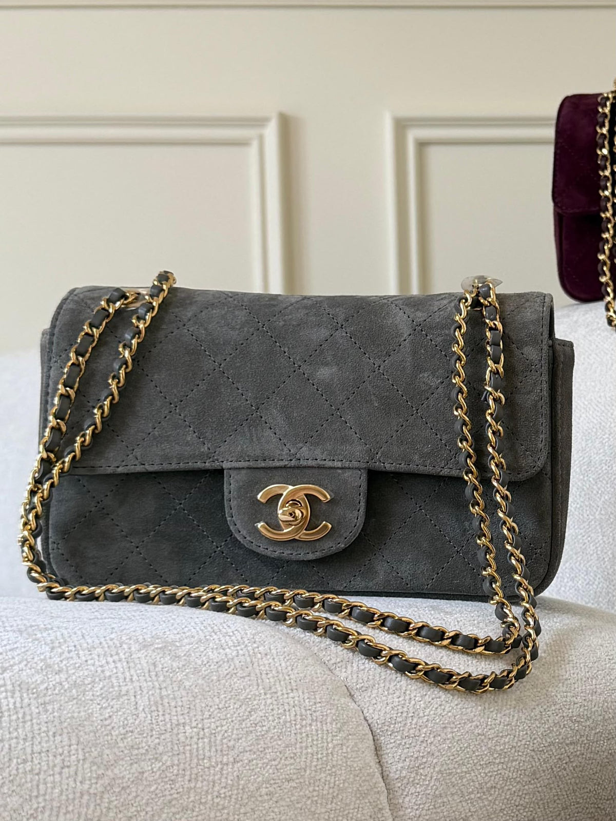 Chanel FW Mini Flap Bag Grey Suede GHW 20cm