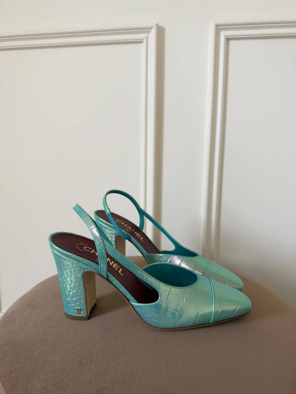 Chanel Croc Embossed Blue Heel