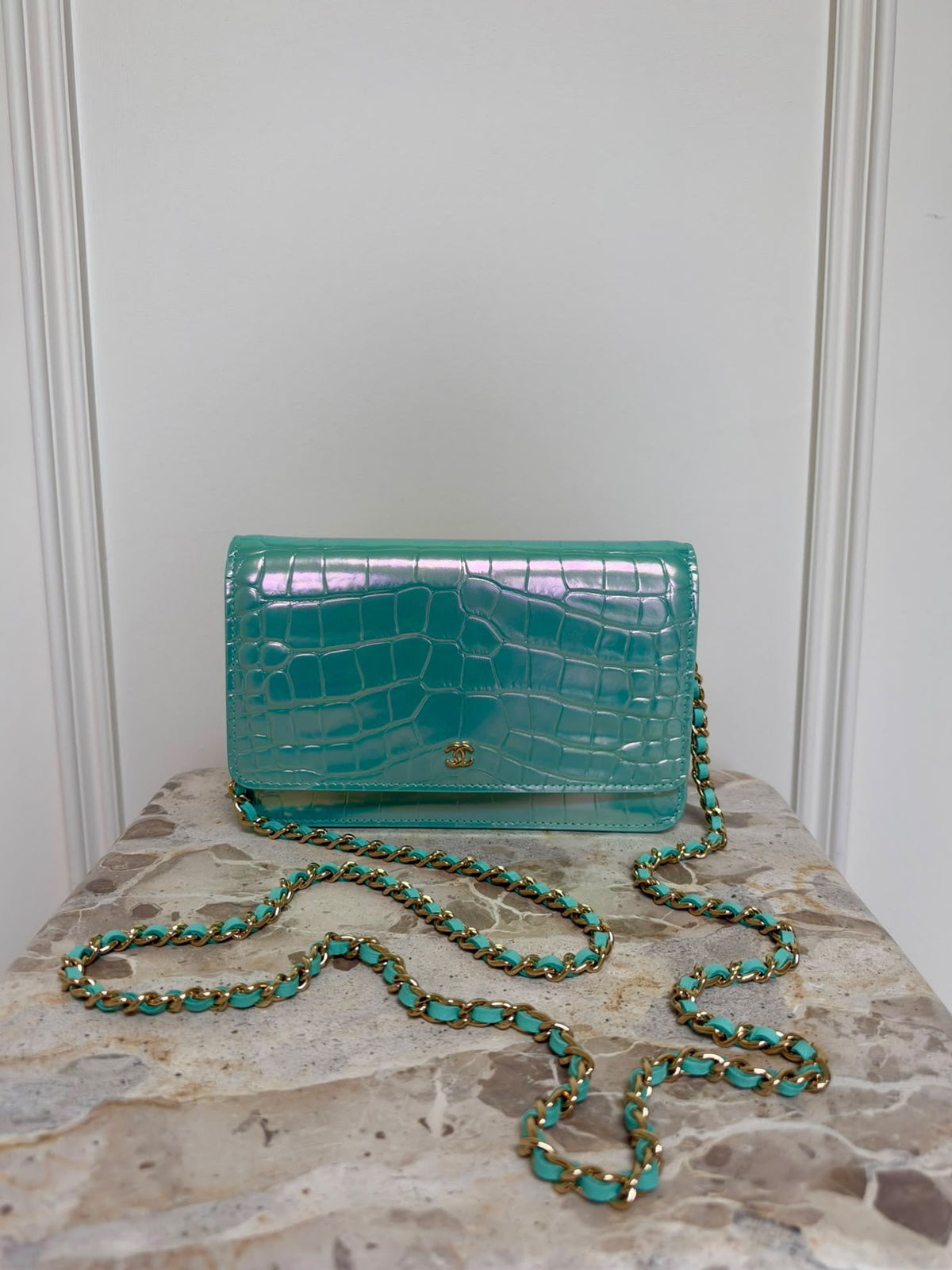 Chanel Wallet on Chain Blue Croc Embossed