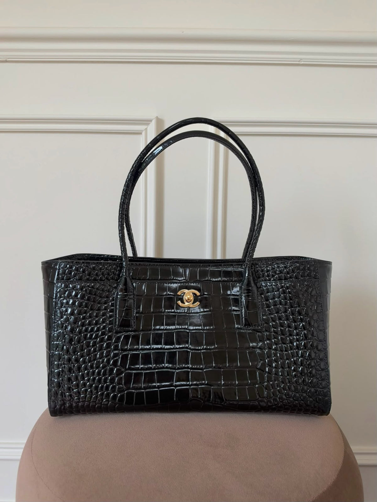Chanel Croc Embossed Black Shopping Tote