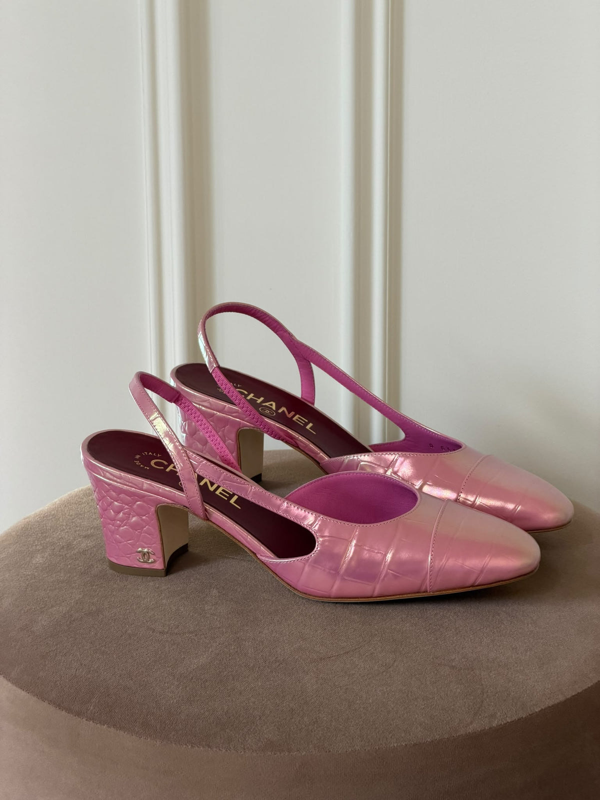 Chanel Croc Embossed Pink Heel