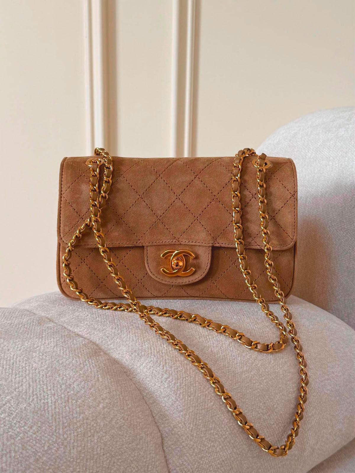 Chanel FW Mini Flap Bag Beige Suede GHW 20cm