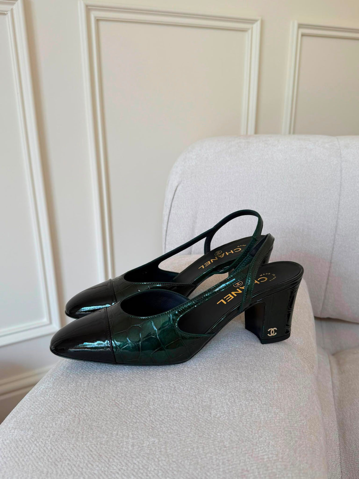 Chanel Croc Embossed Geeen Heel Slingback EU38
