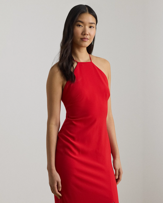 crepe halter dress Peach Silk Crepe Halter Dress With Chiffon Ruffles and Flower