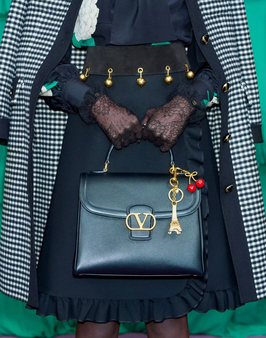 Chez Valentino Bag And Key Ring Charm In Metal And Enamel.