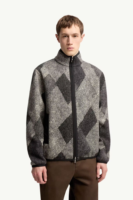 Diamond Pattern Wool Blend Zip-Up Cardigan