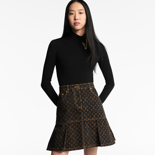 Monogram Denim Pleated Skirt