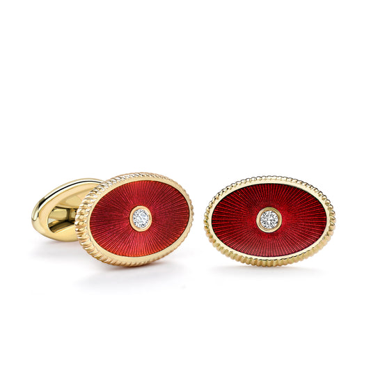 Heritage Rose Gold Diamond & Red Guilloché Enamel Oval Cufflinks