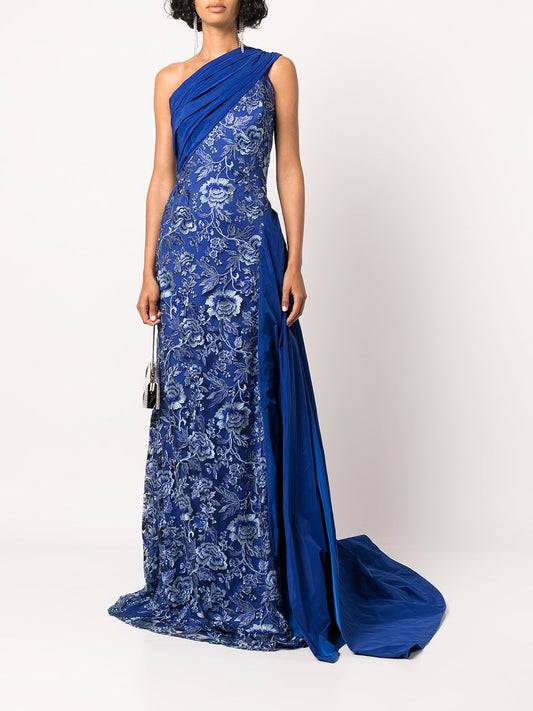 Floral-Embroidered Draped Gown