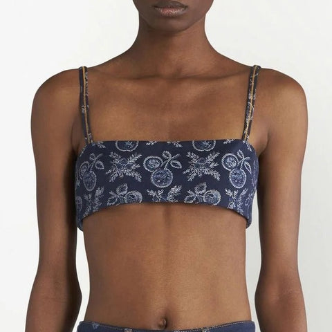 Demin Jacquard Bralette Top With Apples