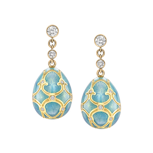 Heritage Yellow Gold Diamond & Turquoise Guilloché Enamel Egg Drop Earrings