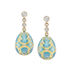 Heritage Yellow Gold Diamond & Turquoise Guilloché Enamel Egg Drop Earrings