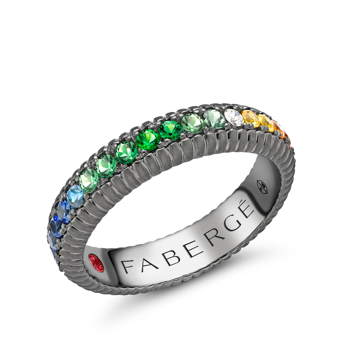 Colours of Love 5mm Wide Black Rhodium Plated White Gold Rainbow Multicoloured Gemstone Set Fluted Ring