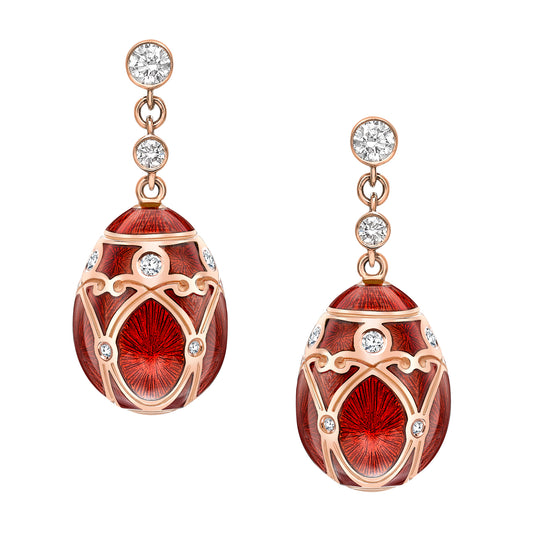 Heritage Rose Gold Diamond & Red Guilloché Enamel Egg Drop Earrings