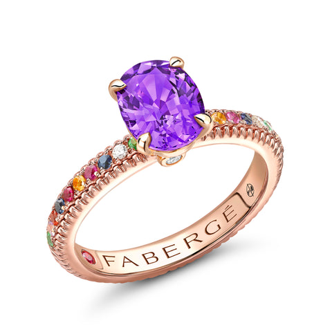 Colours of Love Rose Gold Purple Sapphire Fluted Ring with Multicoloured Gemstone Shoulders