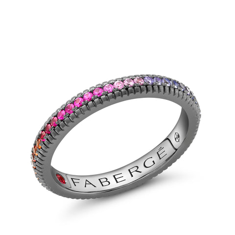 Colours of Love Black Rhodium Plated White Gold Rainbow Multicoloured Gemstone Set Fluted Ring