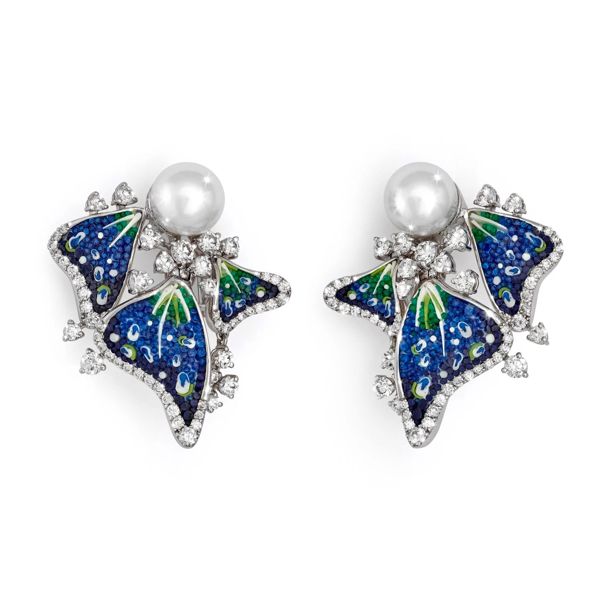 Earrings made of white gold, with micromosaic, diamonds and South Sea pearls
