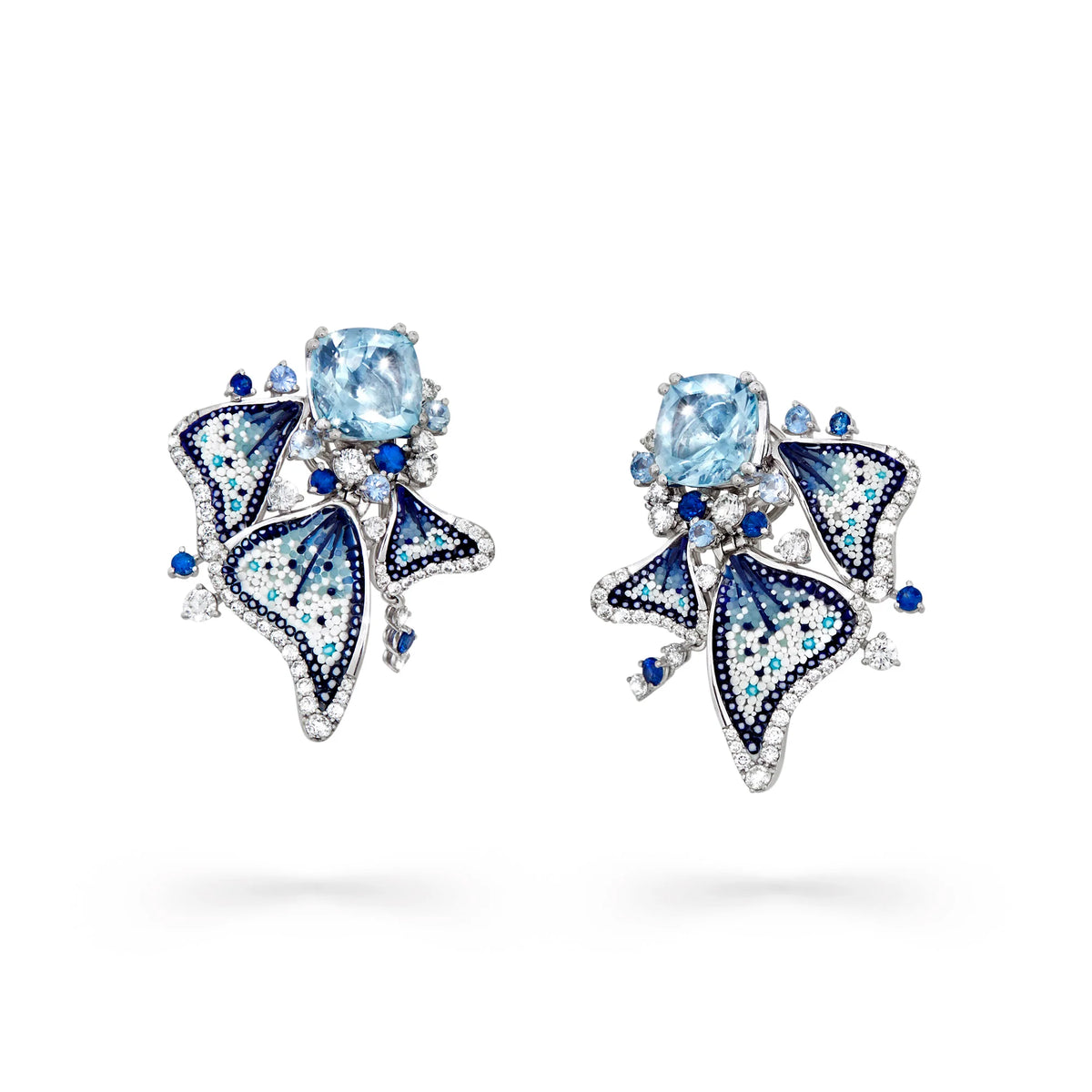 Earring white gold diamonds aquamarine sapphires