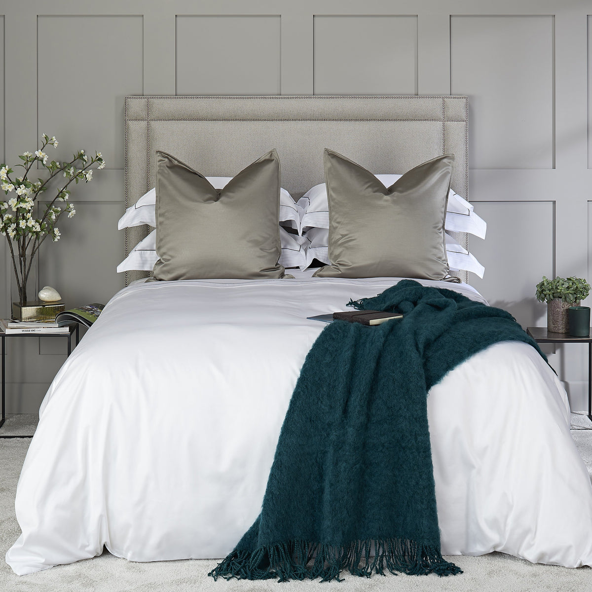 Heirlooms luxurious Sandringham cotton sateen white bedroom sheets set with a contrast border whose subtle self colour woven stitch adds shine to your lines