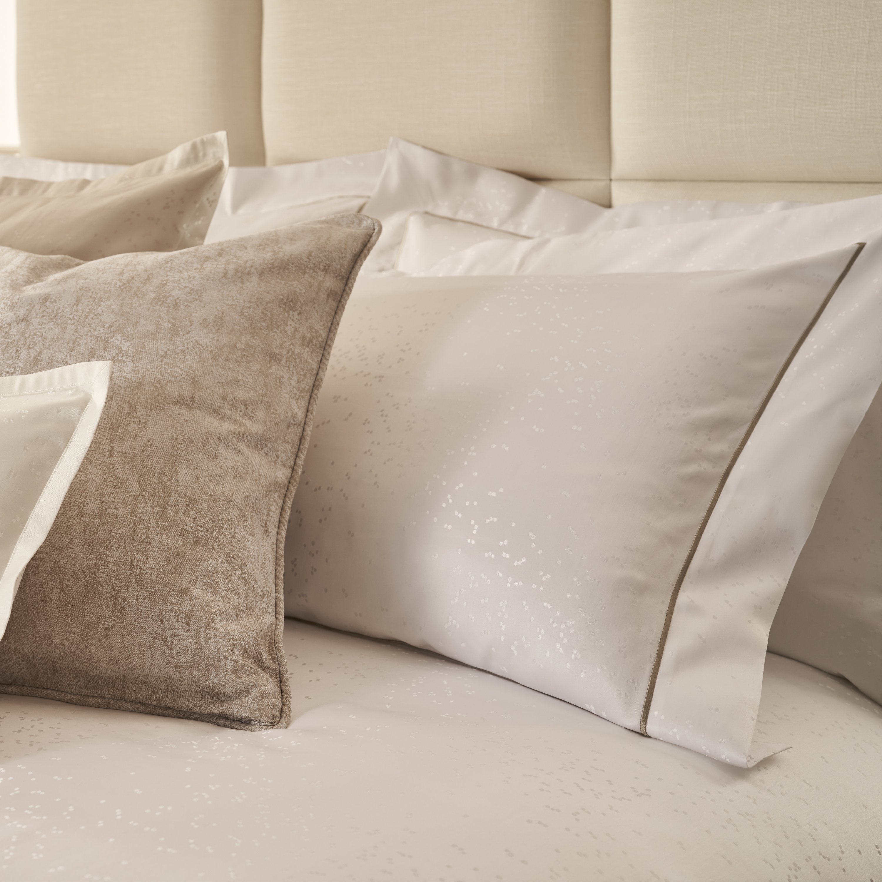 Heirlooms Pandora Jacquard Bed Linen embroidered cord in light gold with Oxford Pillowcases