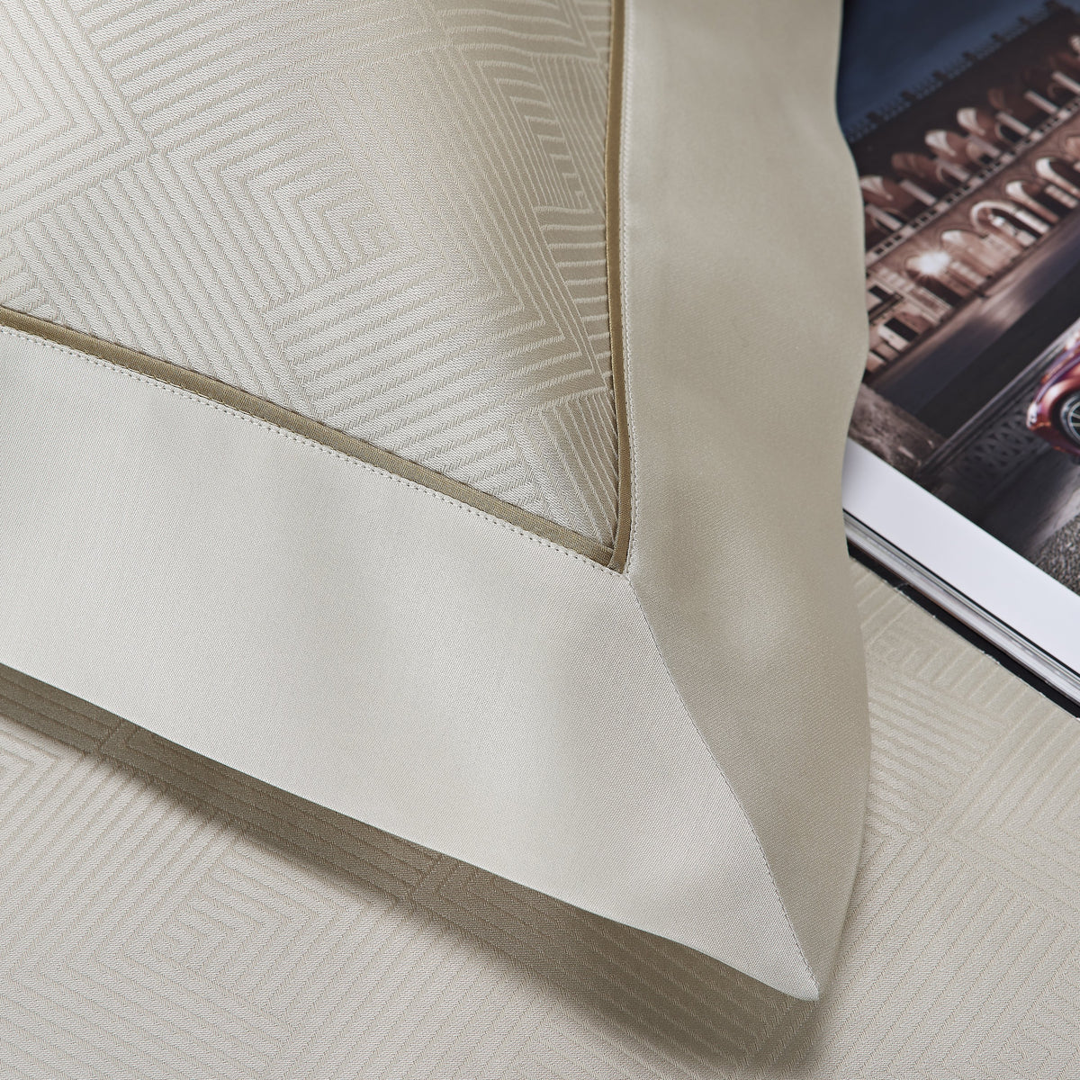 Luxurious Pure Egyptian Jacquard woven cotton Sateen bed linen, available in sand and a silver colour.