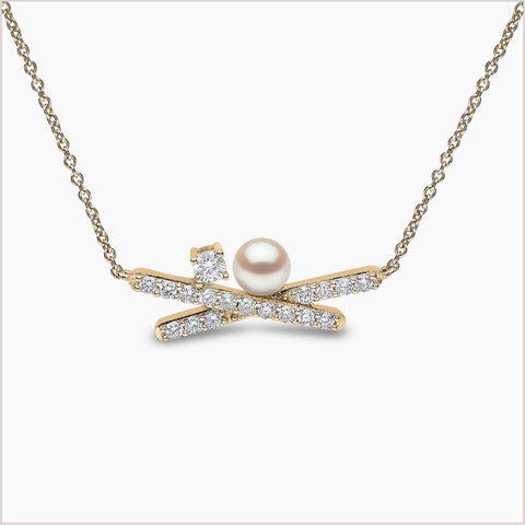 Sleek Akoya Pearl and Diamond Necklace in 18ct Gold