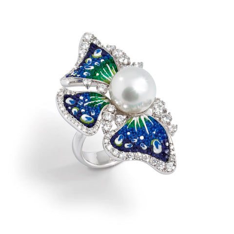 Ring Made In White Gold, South Sea Pearls , Diamonds And Micromosaic