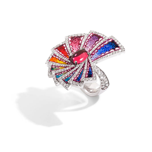 Ring in white gold with micromosaic, diamonds and rubellites.