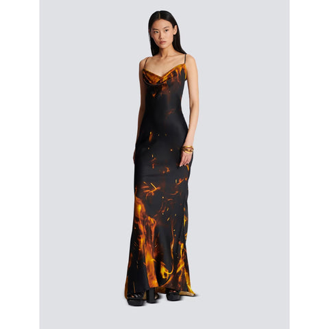 Fire Printed Satin Maxi Dress