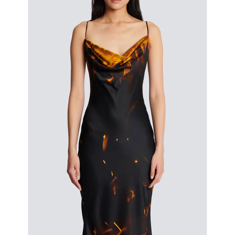 Fire Printed Satin Maxi Dress