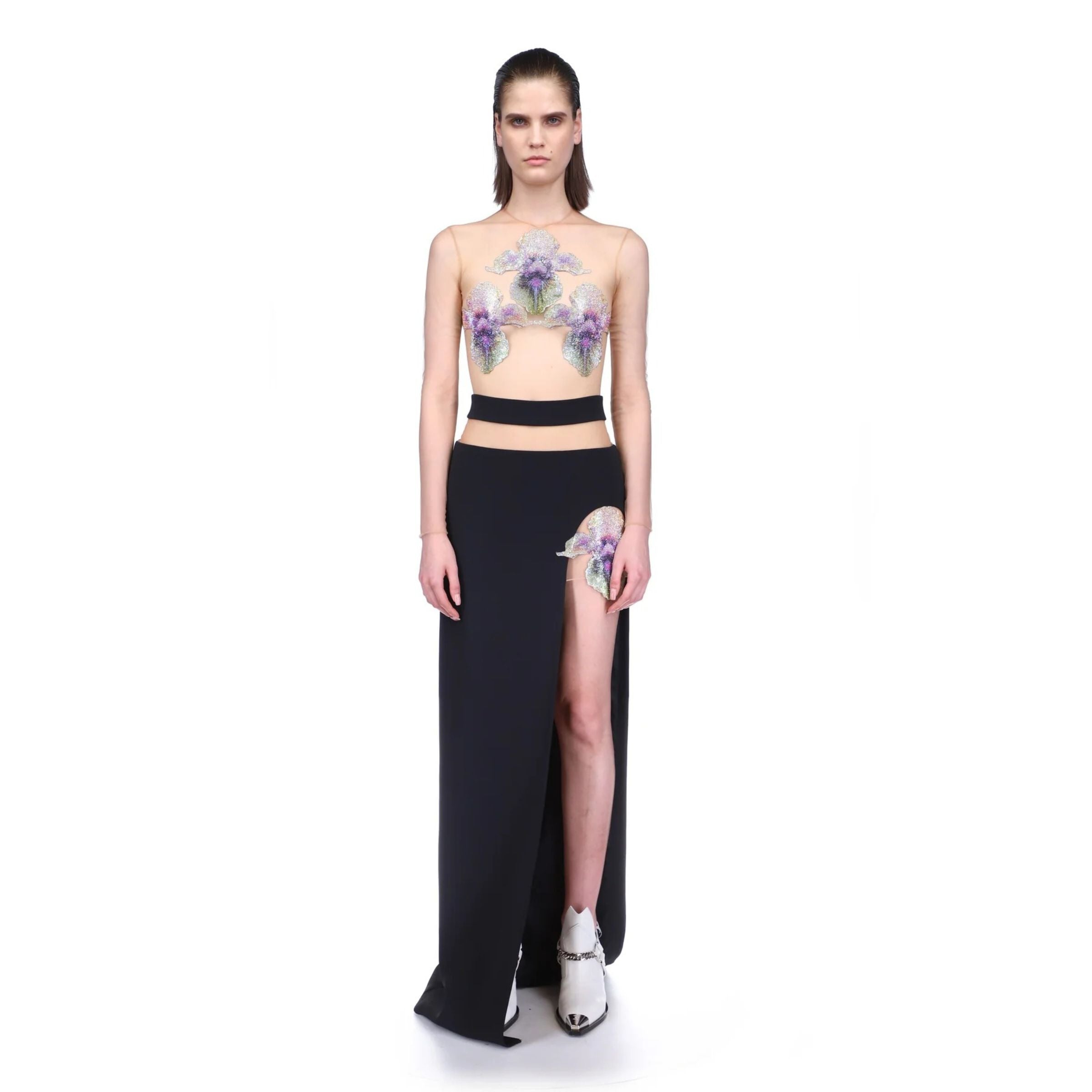 Crystal Iris Embroidery Maxi Skirt