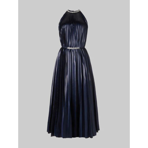 Sapphire Halterneck Pleated Lamé Dress