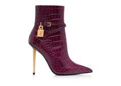 Shiny Stamped Crocodile Leather Padlock Ankle Boot
