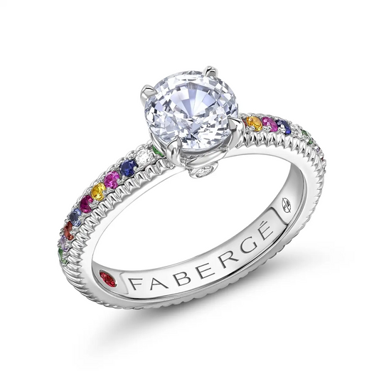 Colours of Love White Gold Green Sapphire Fluted Ring with Multicoloured Gemstone Shoulders