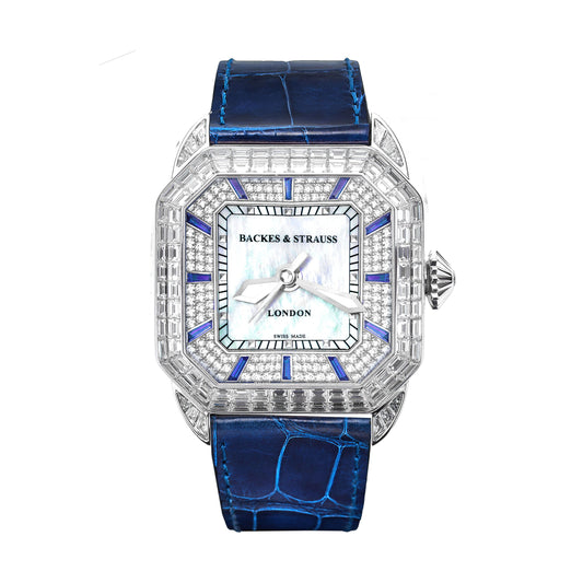 Berkeley Baguette Blue Velvet 40 Luxury Diamond Watch for Men and Women - 40 mm White Gold - Backes & Strauss